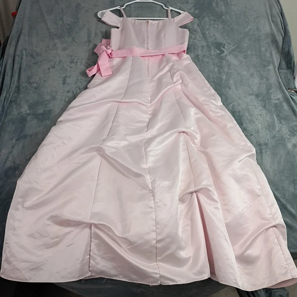 Girls Pink Satin Cold Shoulder Flower Girl Pageant Dress Rosette Pick-Up Gown